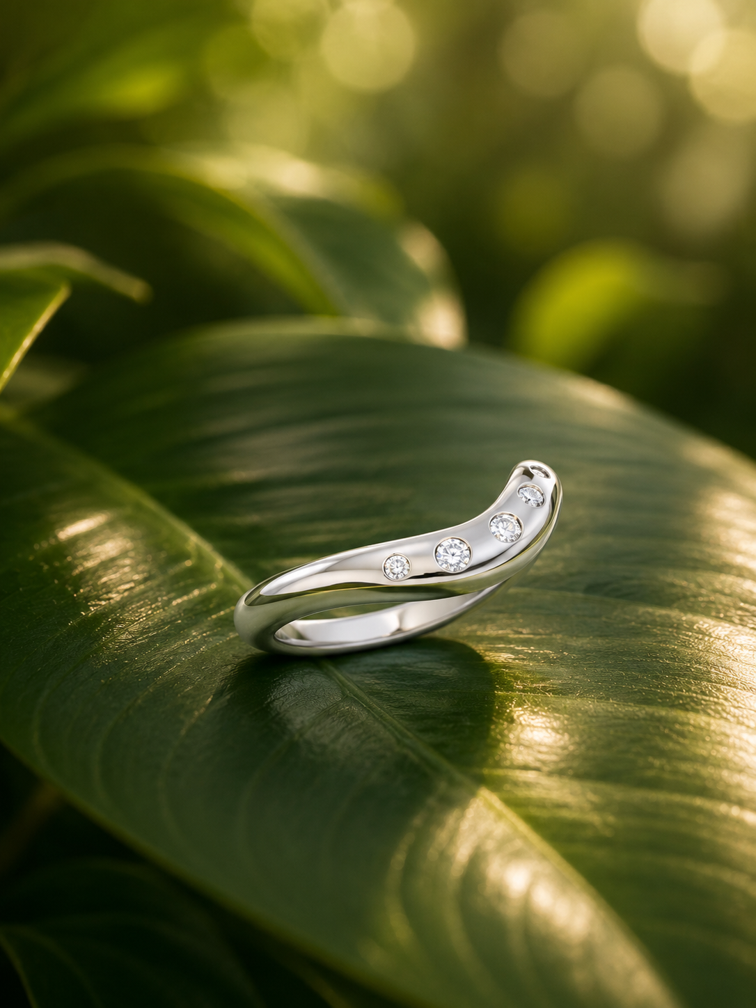 14k White Gold Pinky Wave Ring with Natural Diamonds