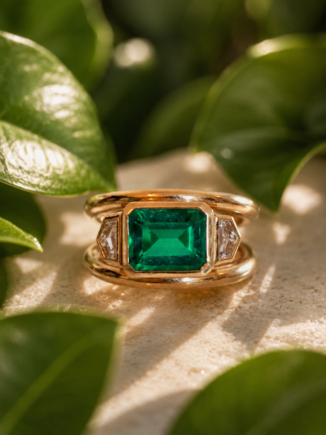 Double Band Emerald & Diamond Ring