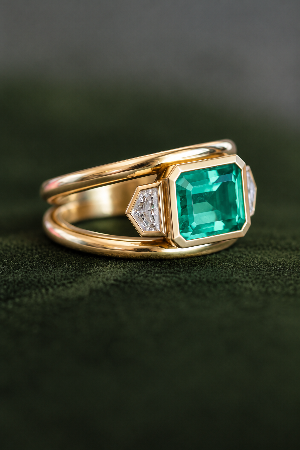 Double Band Emerald & Diamond Ring