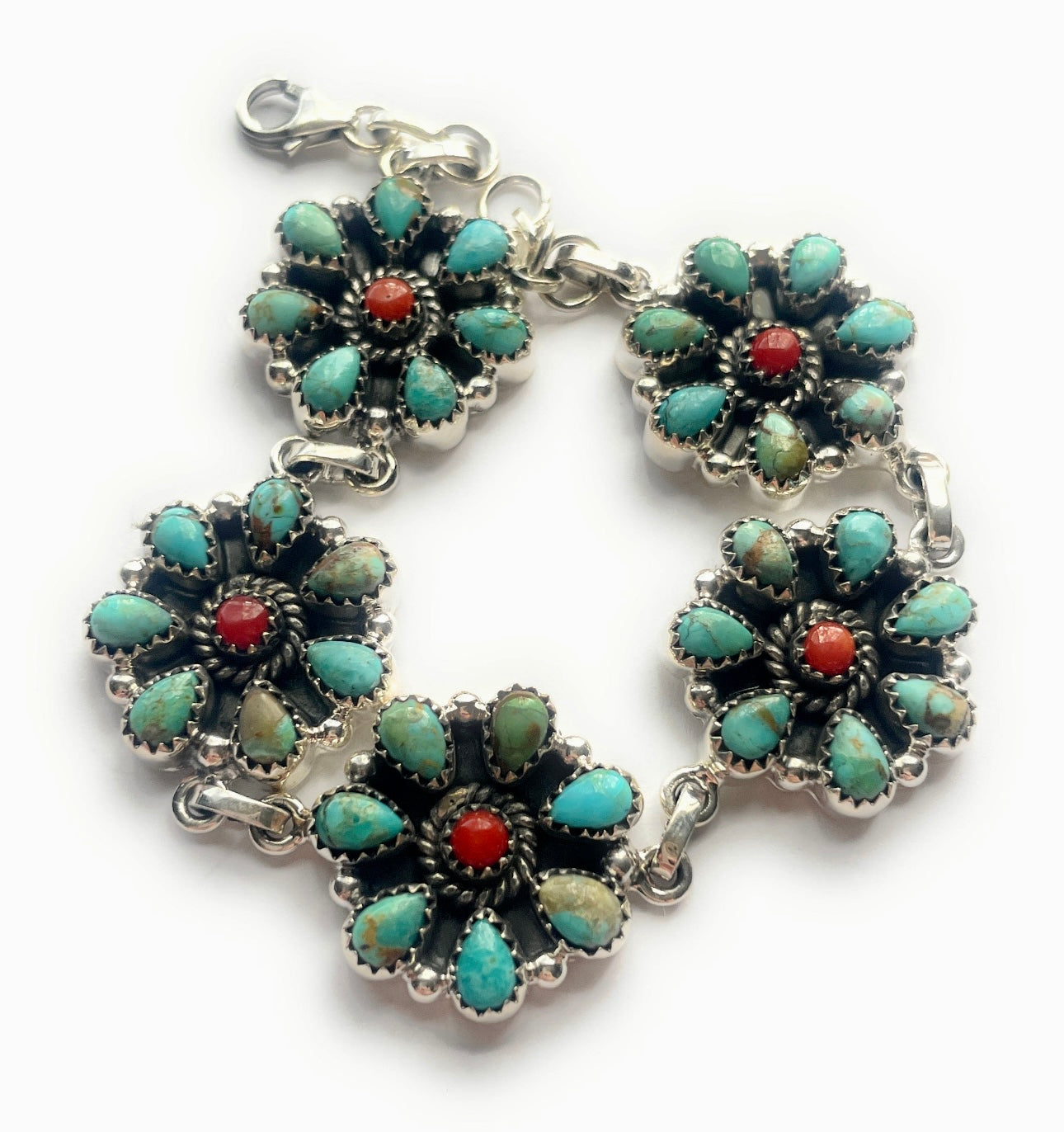 Handmade Sterling Silver Turquoise, & Coral Cluster Bracelet Signed Nizhoni