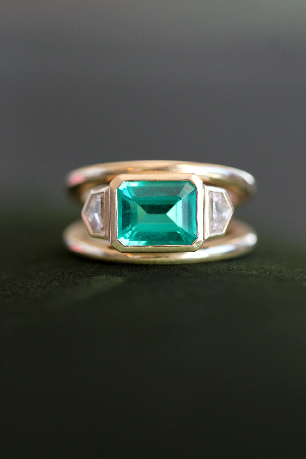 Double Band Emerald & Diamond Ring