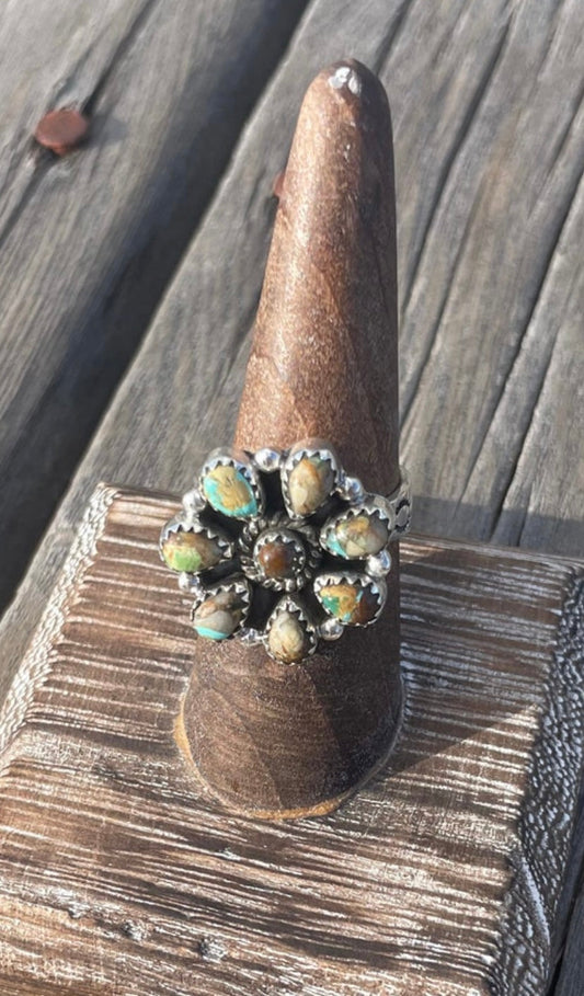 Handmade Sterling Silver And Turquoise Cluster Adjustable Ring Signed Nizhoni 7/8”