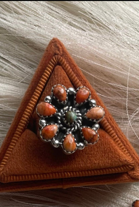 Handmade Sterling Silver, Orange Spiny & Turquoise Cluster Adjustable Ring Signed Nizhoni