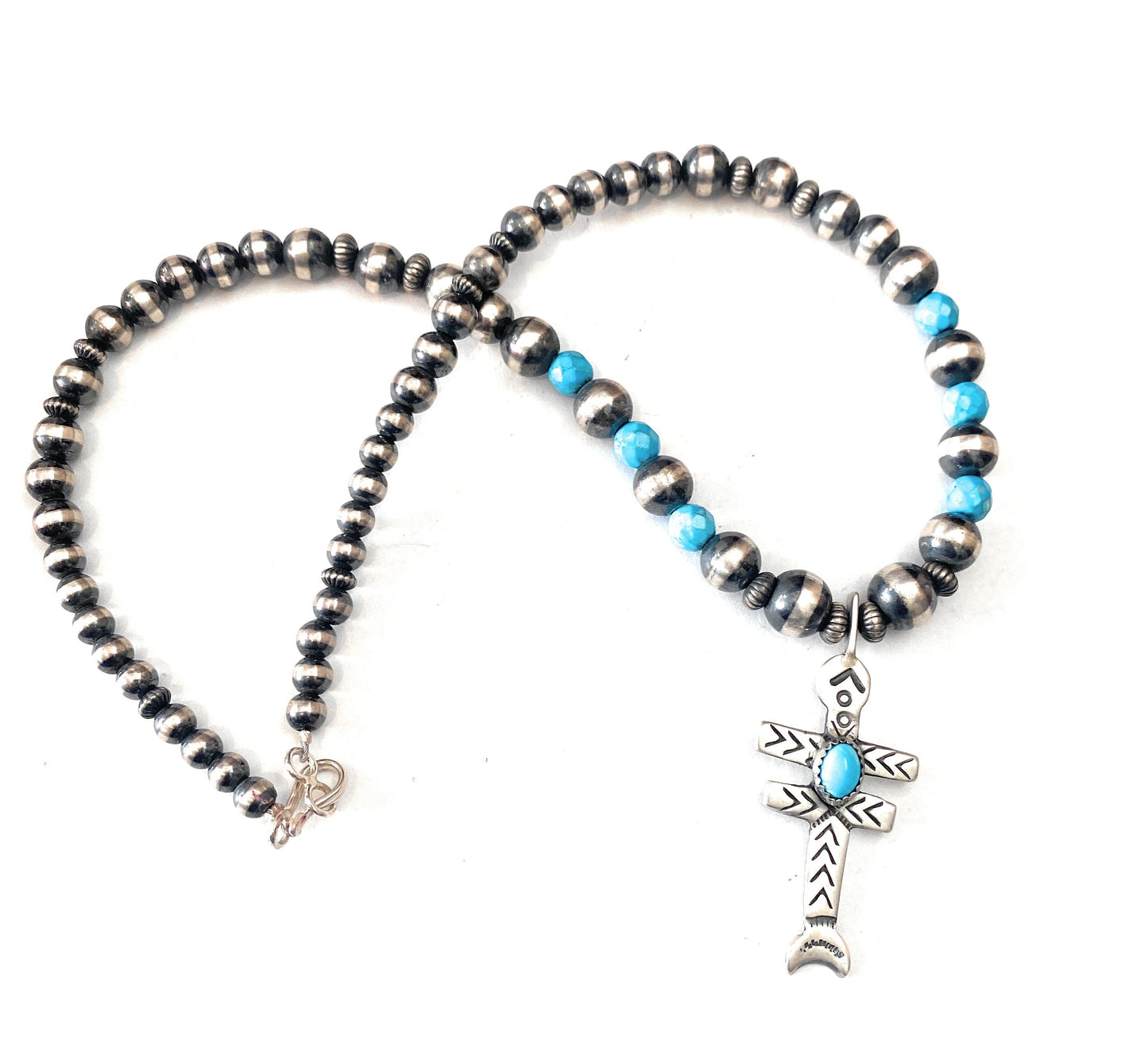 Sterling Silver Navajo Pearl & Turquoise Beaded Cross Necklace