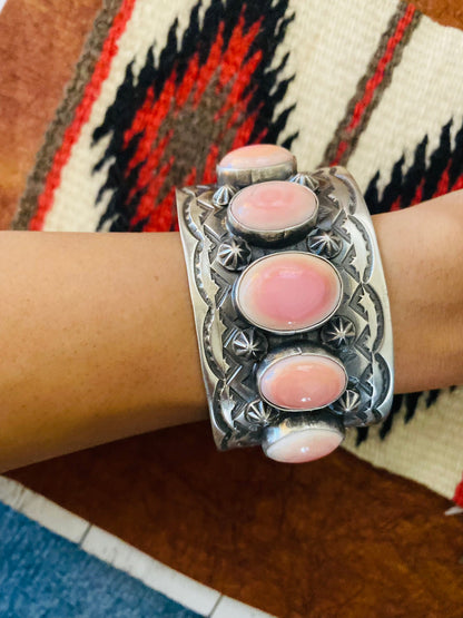 Navajo Queen Pink Conch Shell & Sterling Silver Cuff Bracelet Signed