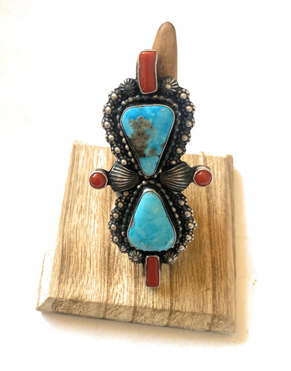 Navajo Sterling Kingman Turquoise & Red Coral Ring Size 9 By Shawn Cayatineto