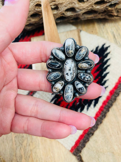 Navajo Sterling Silver And White Buffalo Cluster Adjustable Ring Signed