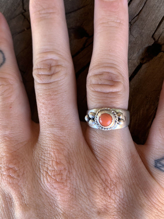 Navajo Natural Coral Sterling Silver Braided Edge Band Ring Stamped Sterling