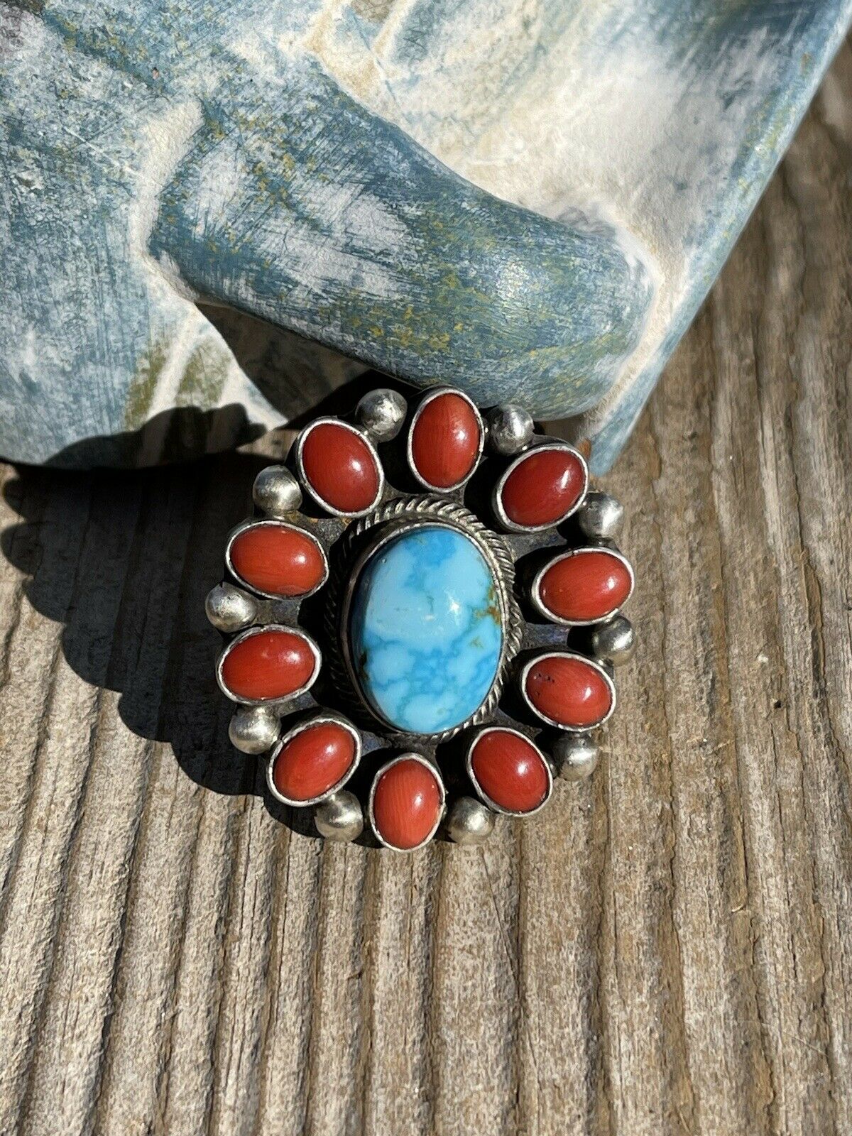 Navajo Sterling Silver Kingman Web Turquoise & Red Coral Taos Ring Sz 5.5