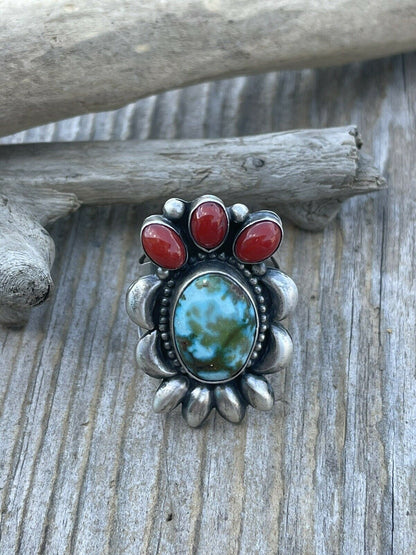 Navajo Sterling Kingman Web Turquoise & Red Coral Taos Collection Ring Sz 8.5