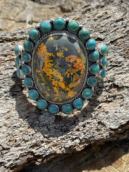 Navajo Sterling Silver Bumblebee & Turquoise Cluster Cuff Bracelet