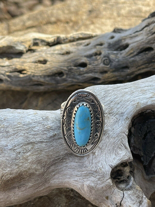 Navajo Sterling Silver Turquoise Southwest Stamped Oval Ring Sz 8.5