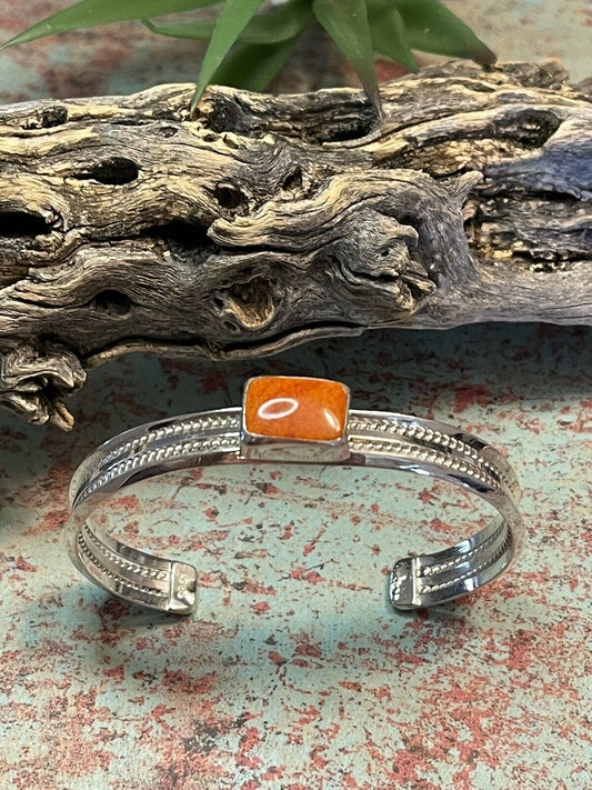 Navajo Orange Spiny Rectangle Sterling Silver Stacker Cuff Bracelet