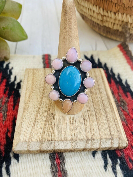 Navajo Rhodochrosite, Turquoise & Sterling Silver Cluster Ring Size 8.5