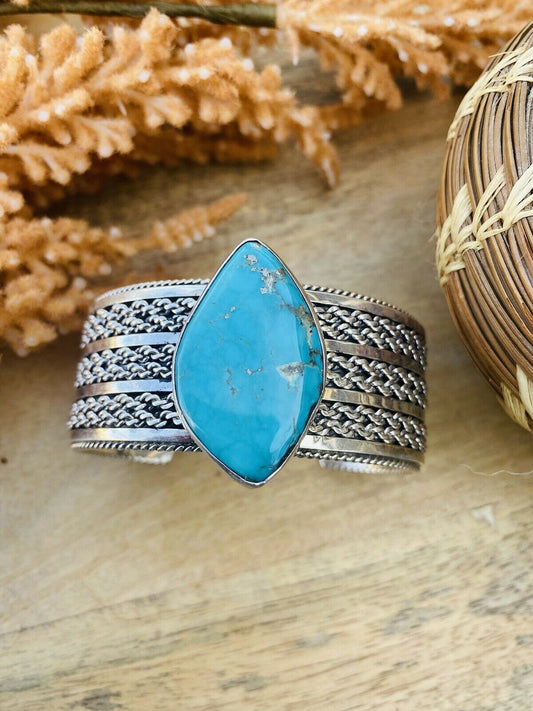 Navajo Hand Stamped Sterling Silver & Royston Turquoise Cuff Bracelet Signed