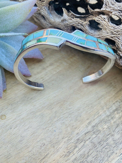 Navajo Sonoran Mountain Turquoise & Sterling Silver Inlay Cuff Bracelet