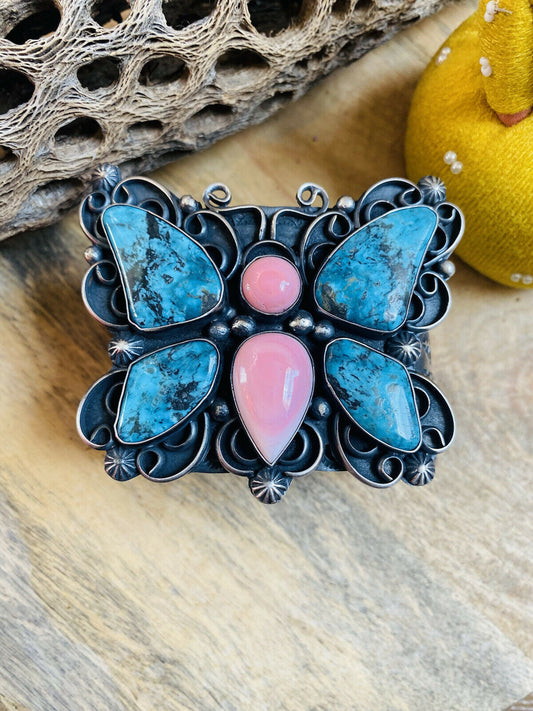 Navajo Turquoise, Pink Coral & Sterling Silver Butterfly Cuff Bracelet