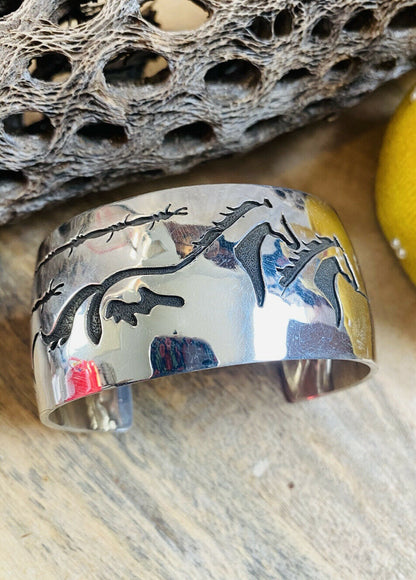 Navajo Sterling Silver Overlay Horse Cuff Bracelet