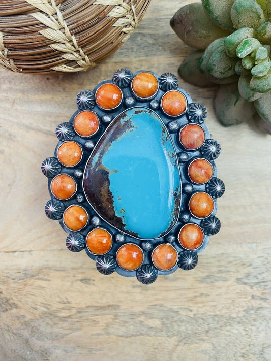 Navajo Orange Spiny, Turquoise & Sterling Silver Cuff Bracelet Signed