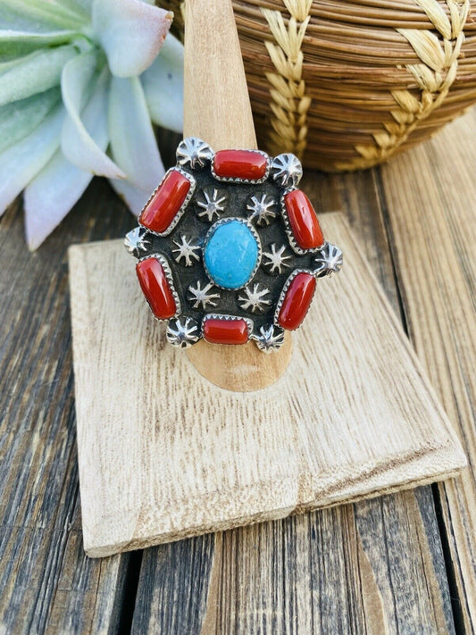 Navajo Turquoise, Coral & Sterling Silver Ring Size 9