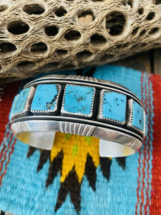 Navajo Kingman Turquoise, Coral & Sterling Silver Cuff Bracelet Signed