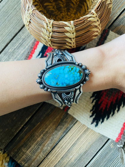 Navajo Kingman Web Turquoise & Sterling Silver Cuff Bracelet By Aaron Toadlena