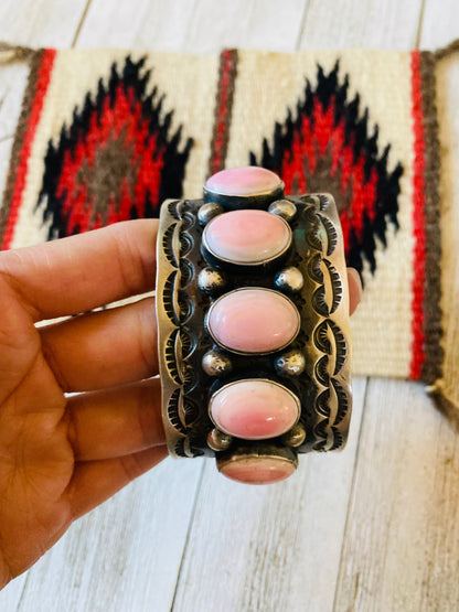 Navajo Queen Pink Conch Shell & Sterling Silver Cuff Bracelet Signed