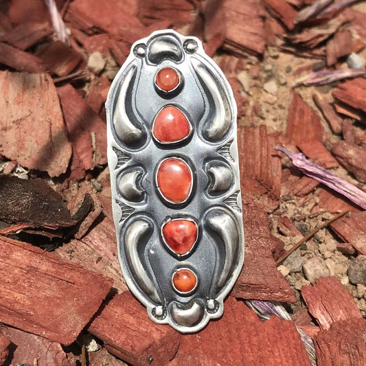 Navajo Sterling Silver Orange Spiny Oyster 5 Stone Ring