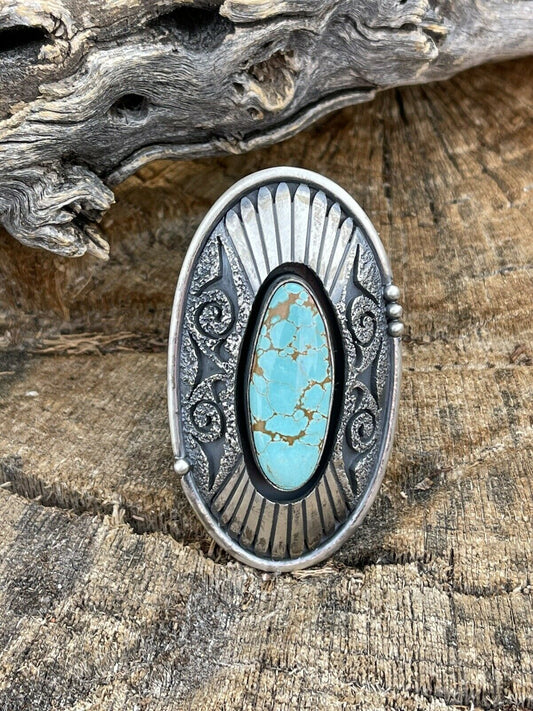 Navajo Number 8 Turquoise & Sterling Silver Statement Ring Size 8.5 Signed