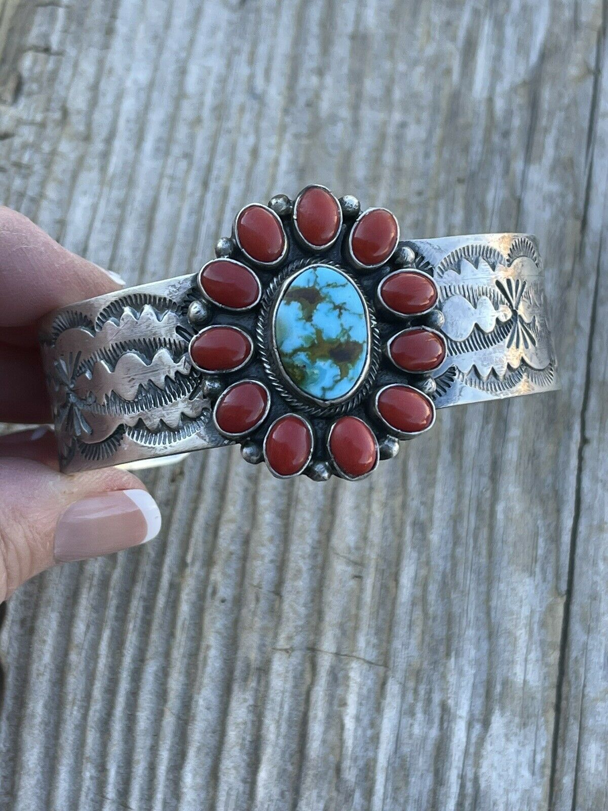 Navajo Sterling Kingman Web Turquoise & Red Coral Taos Bracelet Cuff