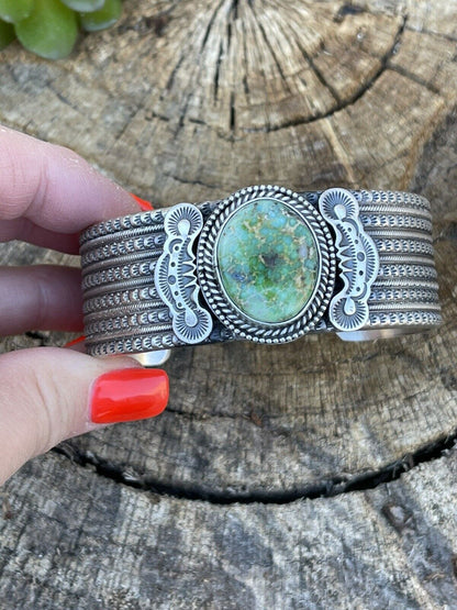 Navajo Sterling Silver & Sonoran Gold Turquoise Cuff Bracelet Signed & Stamped