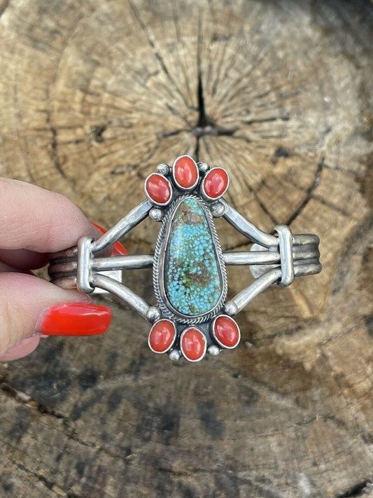 Navajo Sterling Kingman Web Turquoise & Red Coral Taos Bracelet Cuff Johnson