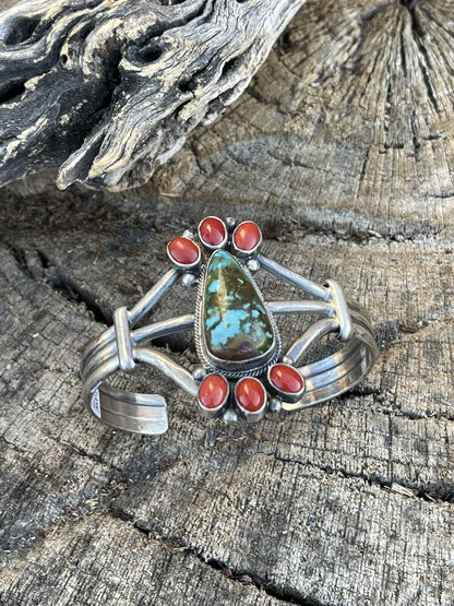 Navajo Sterling Kingman Web Turquoise & Red Coral Taos Bracelet Cuff Johnson