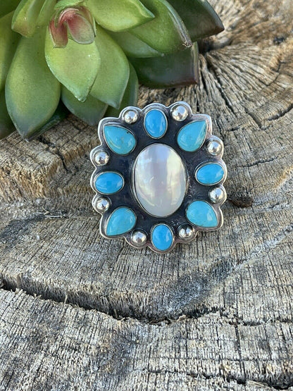 Navajo Cluster Turquoise & Mother Of Pearl Sterling Silver Ring Sz Is Adjustable