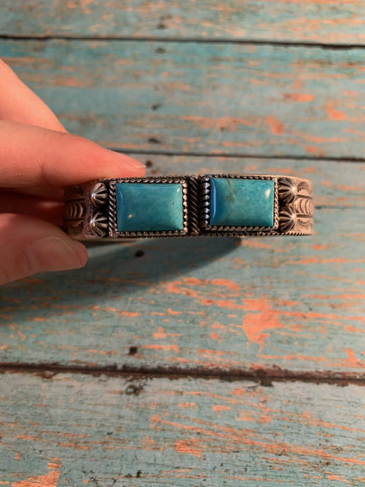 Navajo Turquoise & Sterling Silver Square Stone Bracelet Cuff