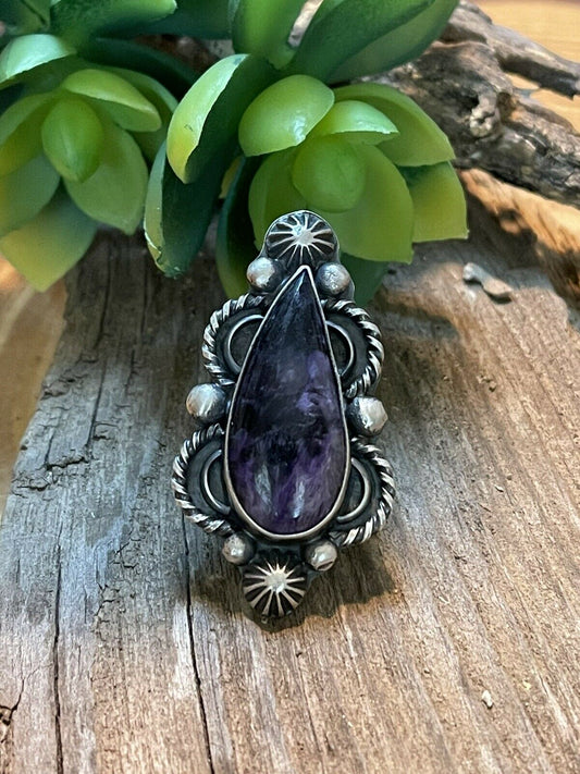 Navajo Purple Charoite & Sterling Silver Statement Ring Size 8 Signed