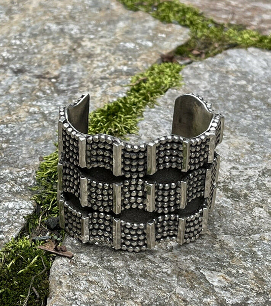 Navajo Sterling Silver Triple Row Dot Cuff Bracelet Signed