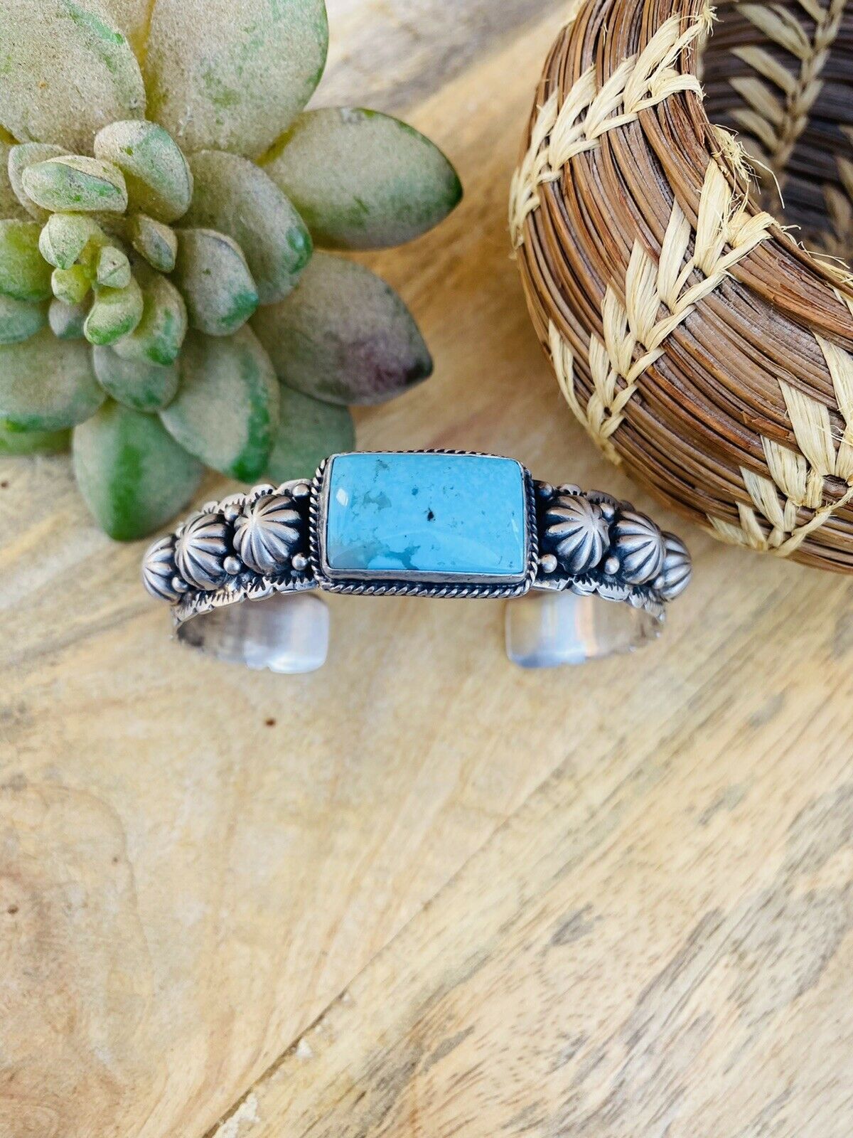 Navajo Sterling Silver & Royston Turquoise Cuff Bracelet Signed