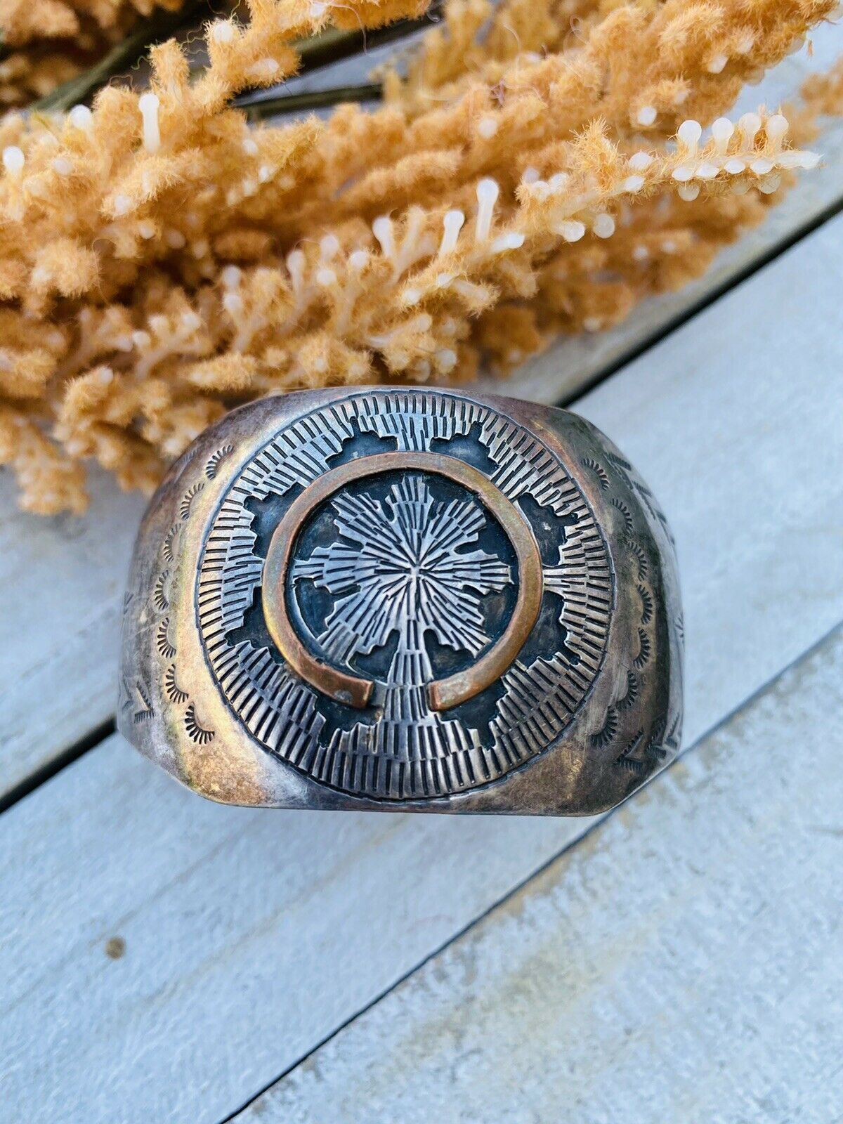 Vintage Navajo Sterling Silver & Copper Cuff Bracelet Signed