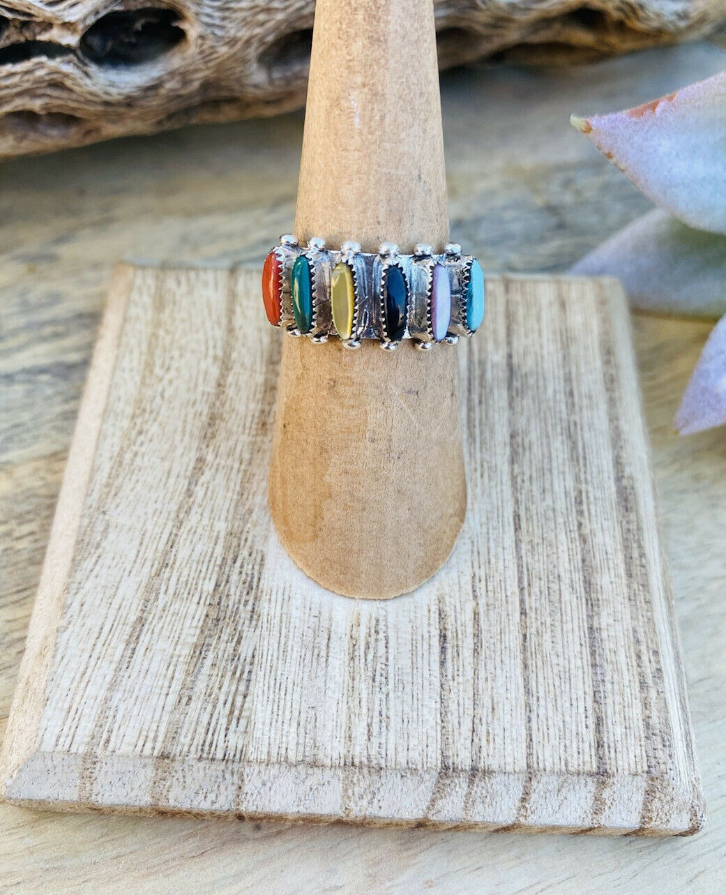 Zuni Sterling Silver & Multi Stone Needlepoint Band Ring