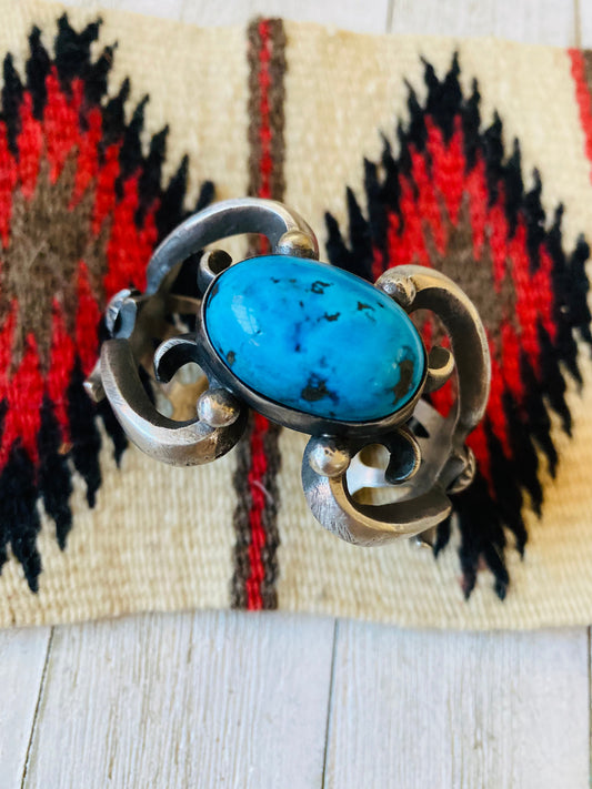 Navajo Sterling Silver & Kingman Turquoise Cuff Bracelet By Chimney Butte