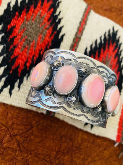 Navajo Queen Pink Conch Shell & Sterling Silver Cuff Bracelet Signed