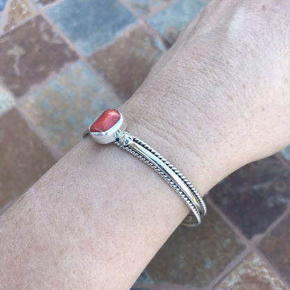 Sterling Silver Natural Red Coral Stacker Cuff Bracelet