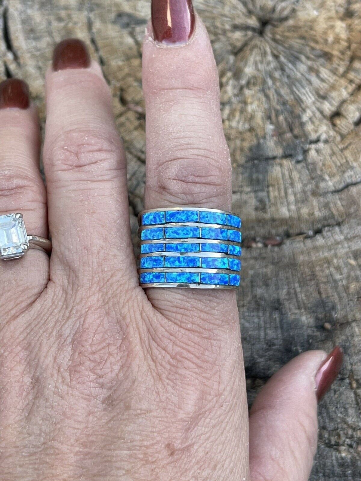 Zuni Sterling Silver Blue Opal 5 Row Inlay Ring