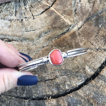 Sterling Silver Natural Red Coral Stacker Cuff Bracelet