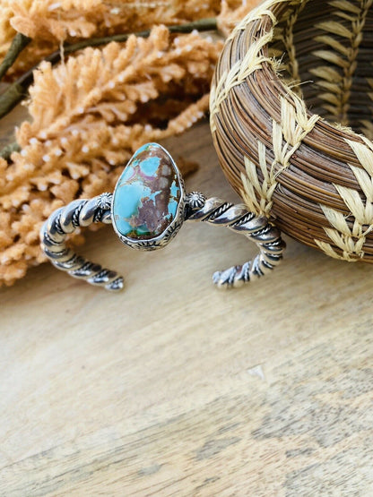 Navajo Hand Stamped Sterling Silver & Royston Turquoise Cuff Bracelet