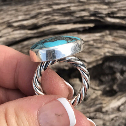 Stunning Rope Style Turquoise & Sterling Silver Navajo Ring Size 6