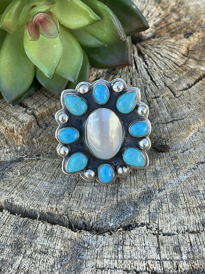 Navajo Cluster Turquoise & Mother Of Pearl Sterling Silver Ring Sz Is Adjustable