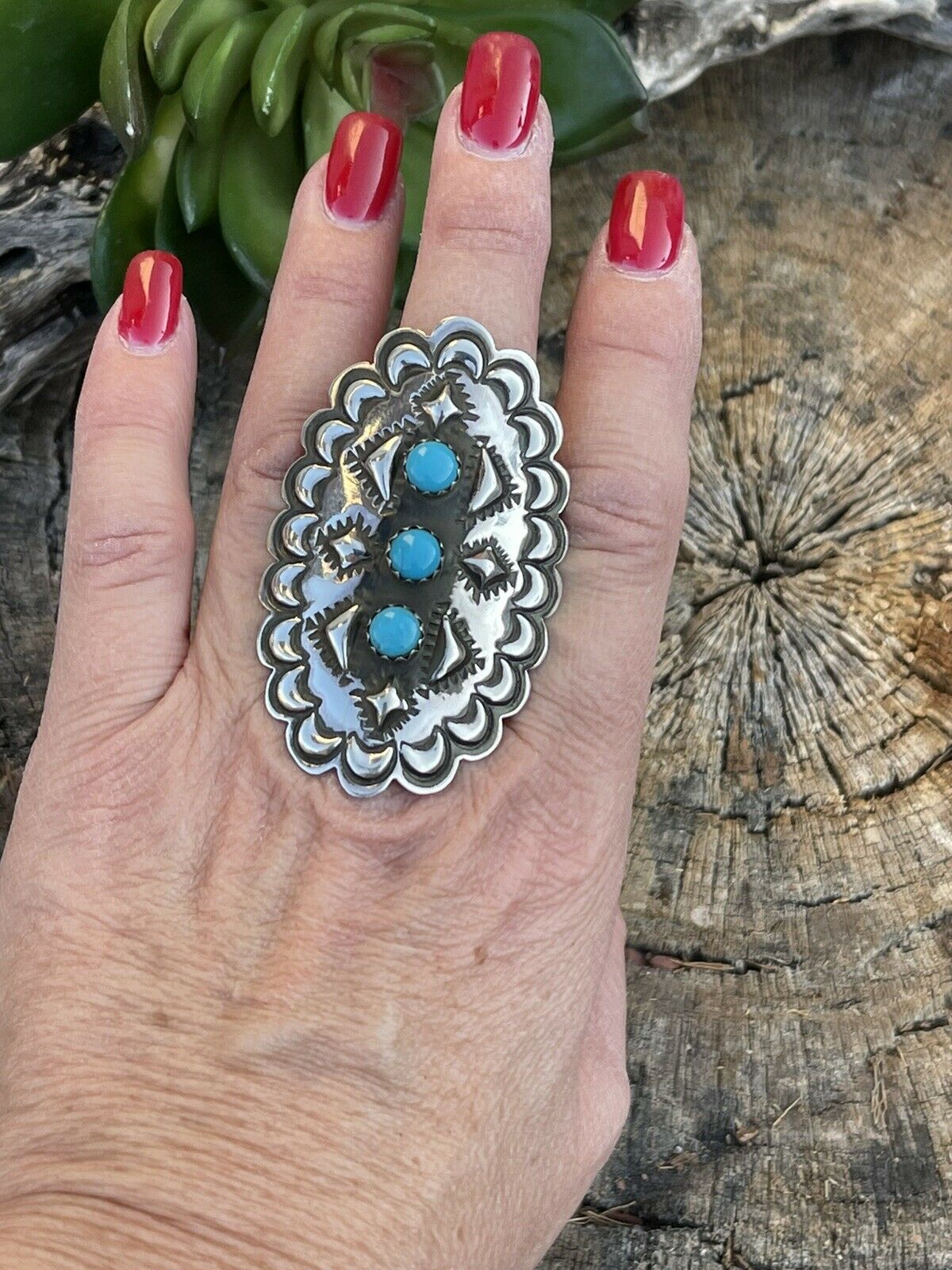 Navajo 3 Stone Turquoise & Sterling Silver Concho Ring Adjustable Signed L.Tahe