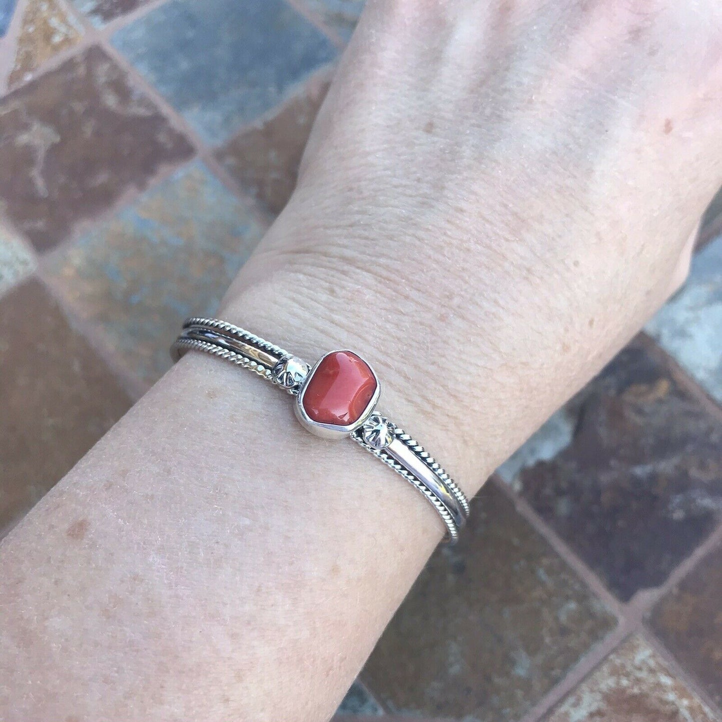 Sterling Silver Natural Red Coral Stacker Cuff Bracelet